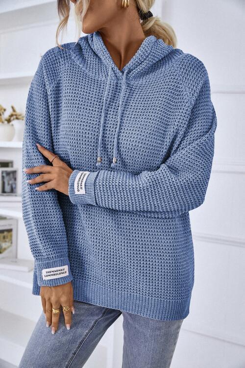 Waffle Knit Drawstring Hooded Sweater-MXSTUDIO.COM