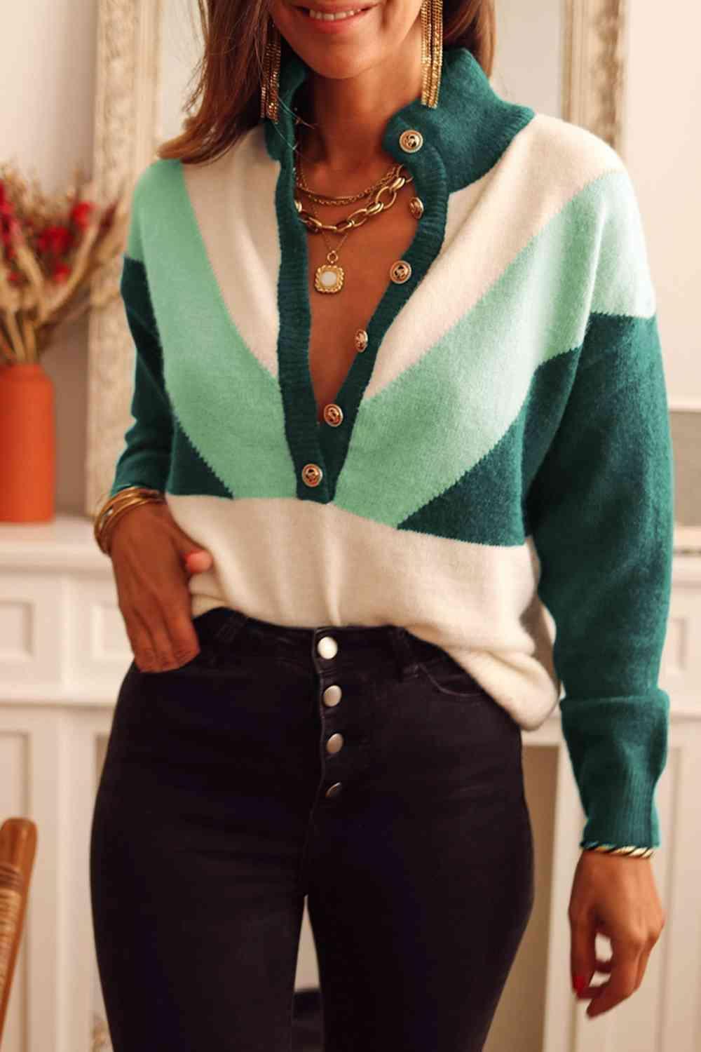 Warm Aesthetic Mock Neck Half Button Sweater-MXSTUDIO.COM