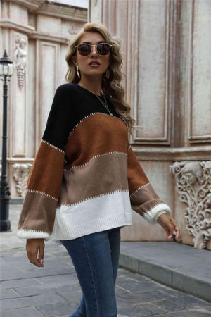 Warm All Day Long Sleeve Color Block Sweater - MXSTUDIO.COM