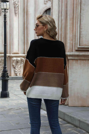 Warm All Day Long Sleeve Color Block Sweater - MXSTUDIO.COM