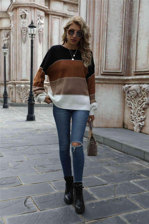 Warm All Day Long Sleeve Color Block Sweater - MXSTUDIO.COM