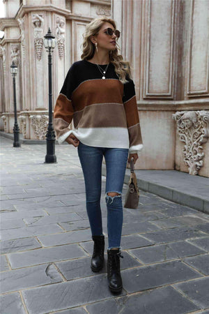 Warm All Day Long Sleeve Color Block Sweater - MXSTUDIO.COM
