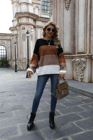 Warm All Day Long Sleeve Color Block Sweater - MXSTUDIO.COM