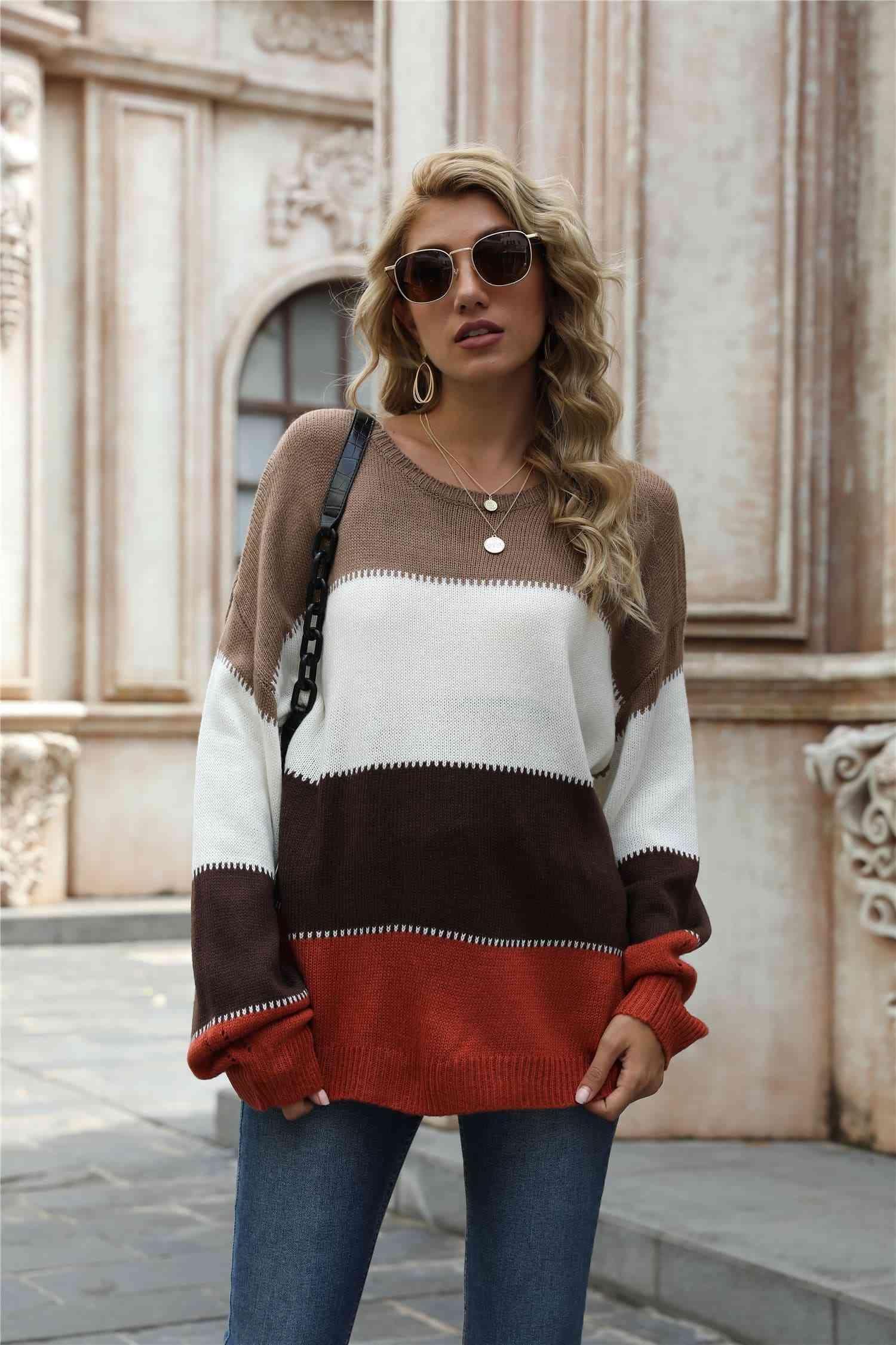 Warm All Day Long Sleeve Color Block Sweater - MXSTUDIO.COM