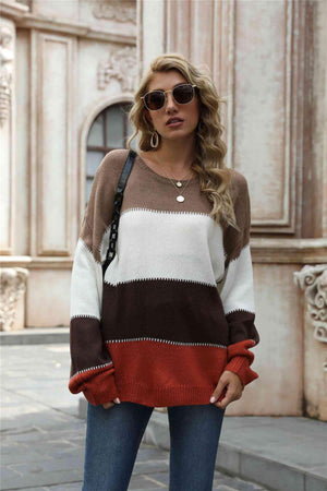 Warm All Day Long Sleeve Color Block Sweater - MXSTUDIO.COM