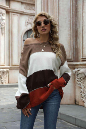 Warm All Day Long Sleeve Color Block Sweater - MXSTUDIO.COM