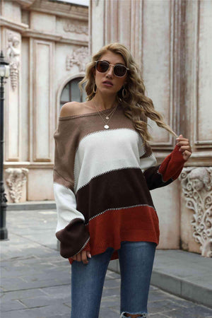 Warm All Day Long Sleeve Color Block Sweater - MXSTUDIO.COM