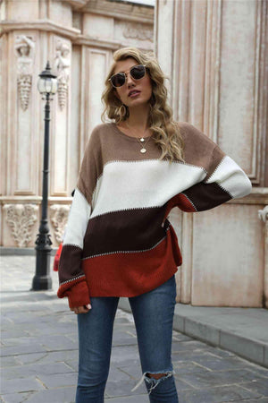Warm All Day Long Sleeve Color Block Sweater - MXSTUDIO.COM