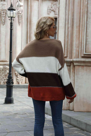 Warm All Day Long Sleeve Color Block Sweater - MXSTUDIO.COM