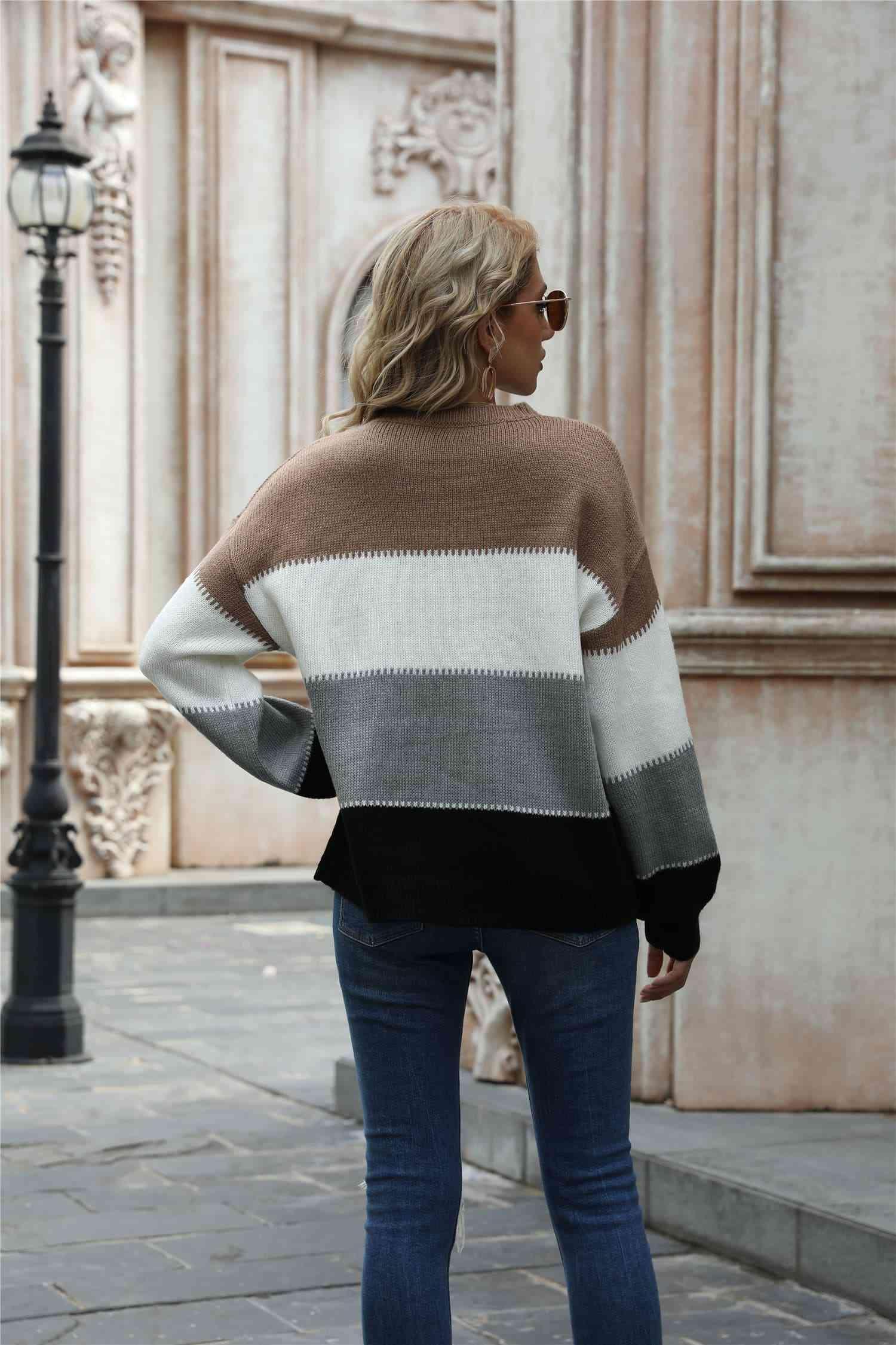 Warm All Day Long Sleeve Color Block Sweater - MXSTUDIO.COM