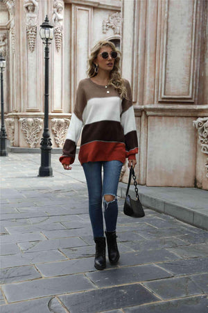 Warm All Day Long Sleeve Color Block Sweater - MXSTUDIO.COM