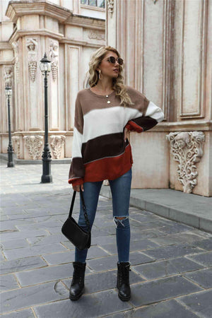 Warm All Day Long Sleeve Color Block Sweater - MXSTUDIO.COM