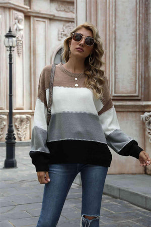 Warm All Day Long Sleeve Color Block Sweater - MXSTUDIO.COM