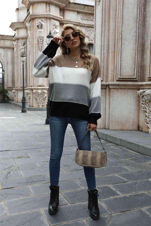 Warm All Day Long Sleeve Color Block Sweater - MXSTUDIO.COM