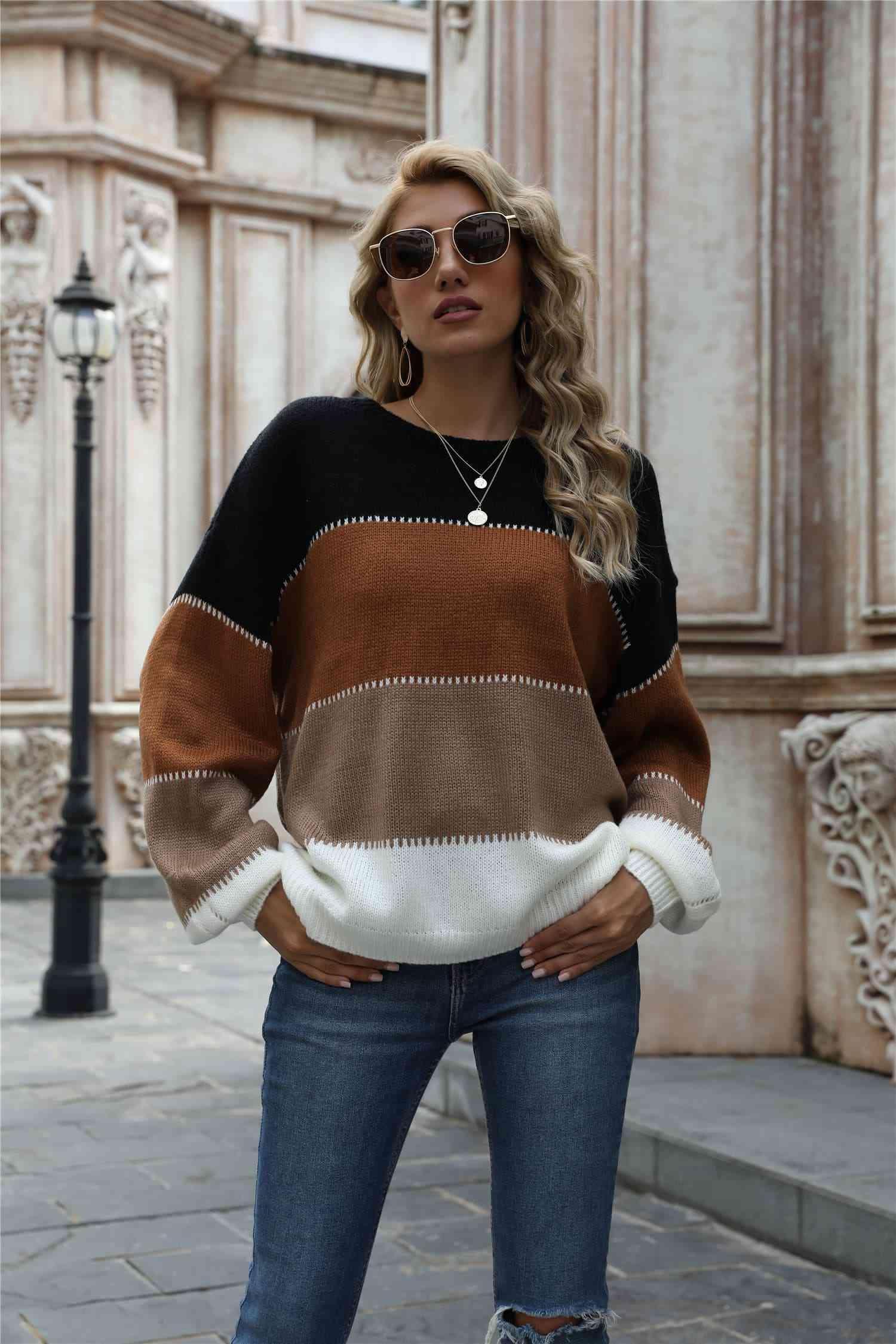 Warm All Day Long Sleeve Color Block Sweater - MXSTUDIO.COM