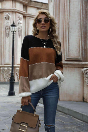 Warm All Day Long Sleeve Color Block Sweater - MXSTUDIO.COM