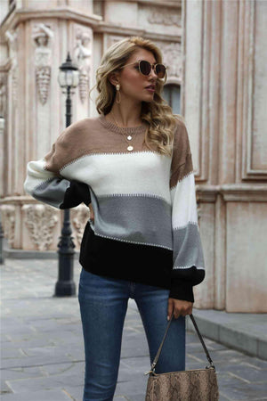 Warm All Day Long Sleeve Color Block Sweater - MXSTUDIO.COM