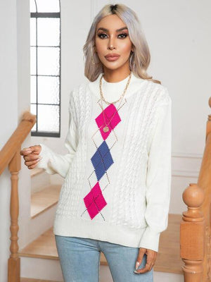 Warm And Refined Mock Neck Geometric Pattern Sweater - MXSTUDIO.COM