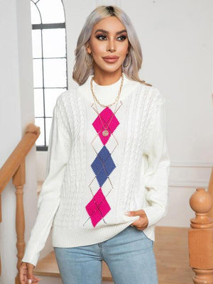 Warm And Refined Mock Neck Geometric Pattern Sweater - MXSTUDIO.COM