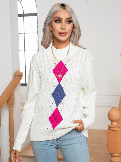 Warm And Refined Mock Neck Geometric Pattern Sweater - MXSTUDIO.COM