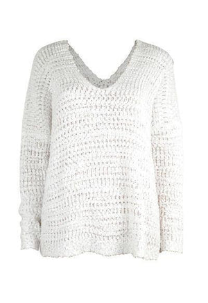 a white sweater with a v - neck and long sleeves