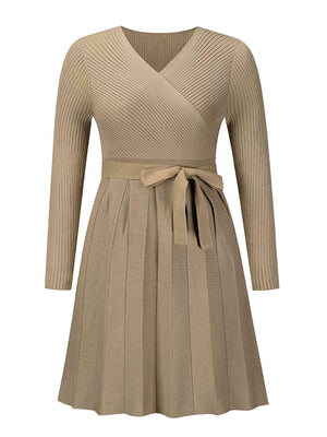 Warm In Style Tie Front Pleated Sweater Dress - MXSTUDIO.COM