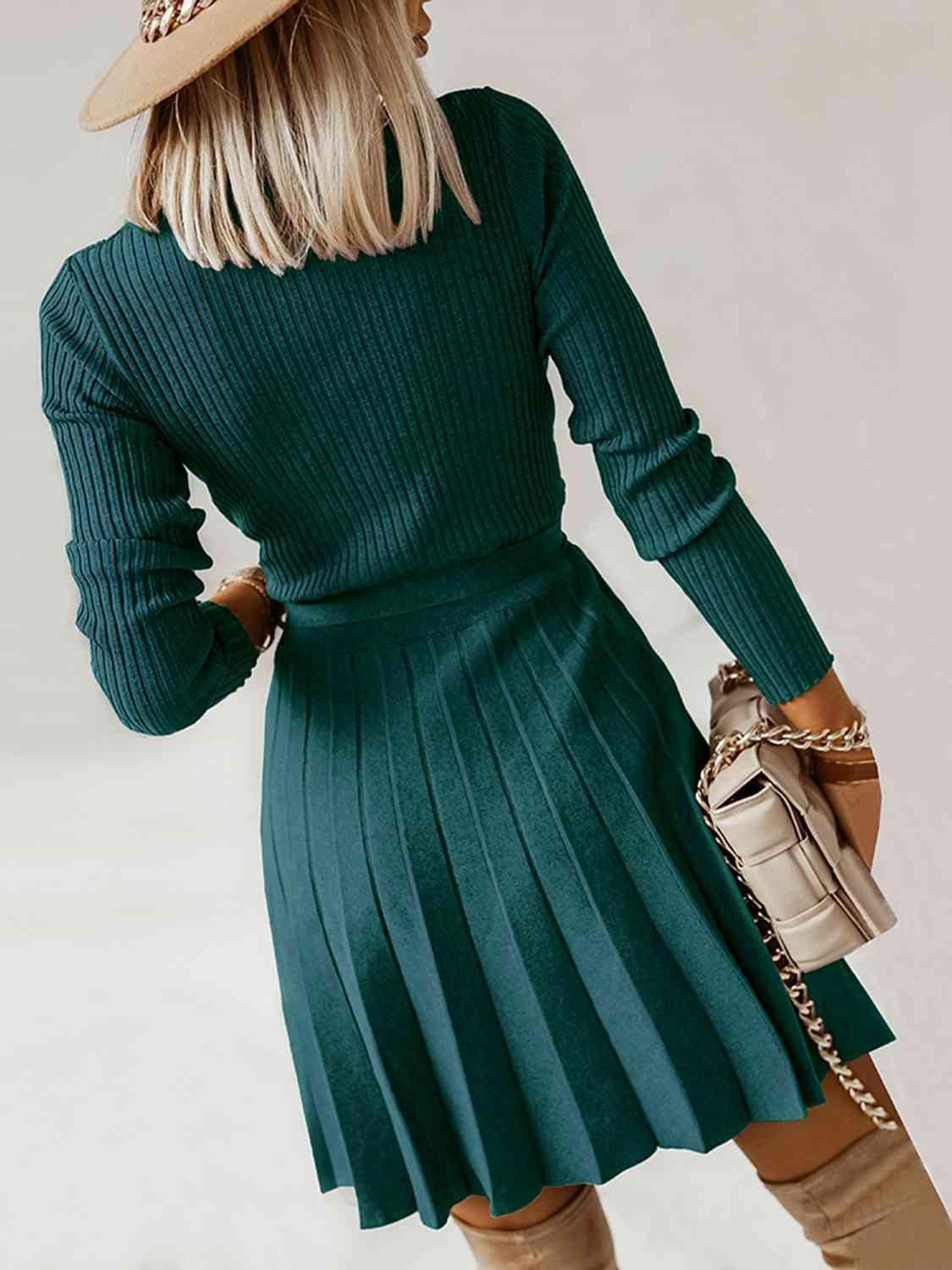 Warm In Style Tie Front Pleated Sweater Dress - MXSTUDIO.COM