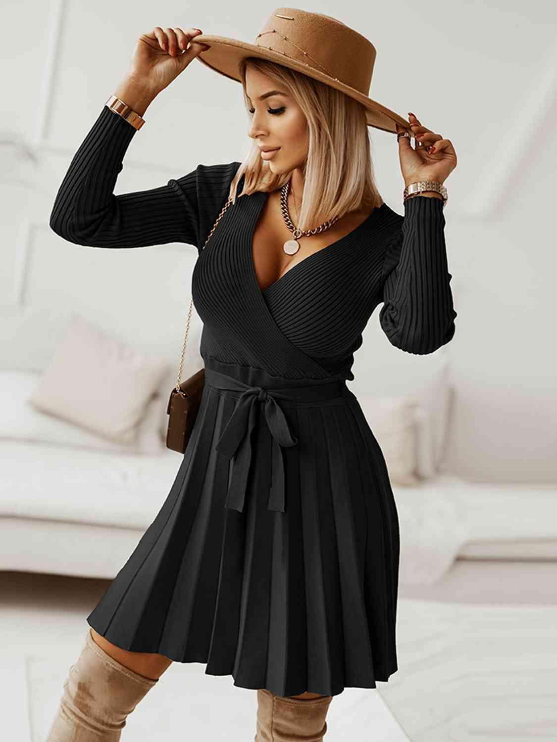 Warm In Style Tie Front Pleated Sweater Dress - MXSTUDIO.COM