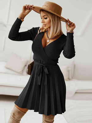 Warm In Style Tie Front Pleated Sweater Dress - MXSTUDIO.COM