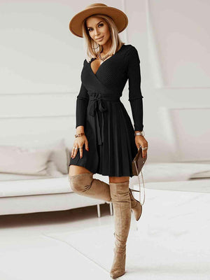 Warm In Style Tie Front Pleated Sweater Dress - MXSTUDIO.COM