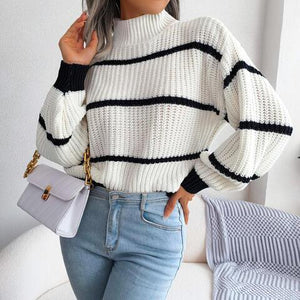 Warm Insulation Knitted Striped Mock Neck Sweater-MXSTUDIO.COM