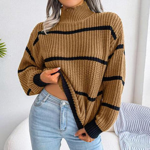 Warm Insulation Knitted Striped Mock Neck Sweater-MXSTUDIO.COM