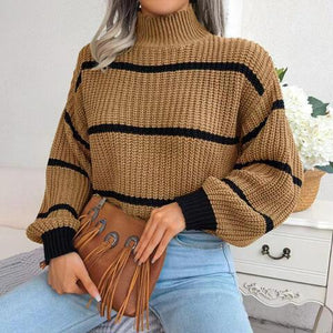 Warm Insulation Knitted Striped Mock Neck Sweater-MXSTUDIO.COM