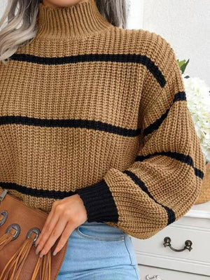 Warm Insulation Knitted Striped Mock Neck Sweater-MXSTUDIO.COM