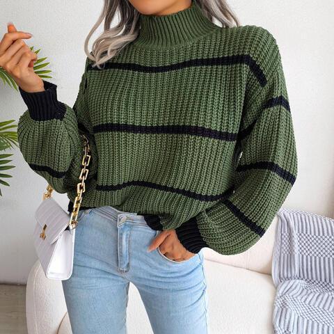 Warm Insulation Knitted Striped Mock Neck Sweater-MXSTUDIO.COM