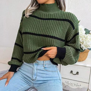 Warm Insulation Knitted Striped Mock Neck Sweater-MXSTUDIO.COM