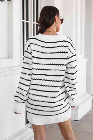 Warm Leisure V-Neck Striped Sweater Dress - MXSTUDIO.COM