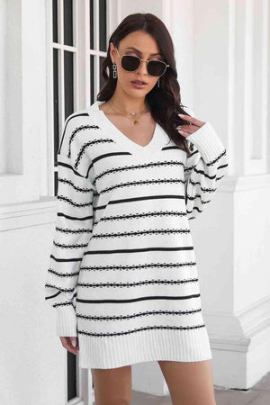 Warm Leisure V-Neck Striped Sweater Dress - MXSTUDIO.COM