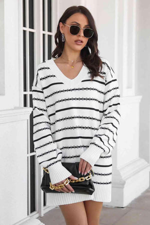 Warm Leisure V-Neck Striped Sweater Dress - MXSTUDIO.COM