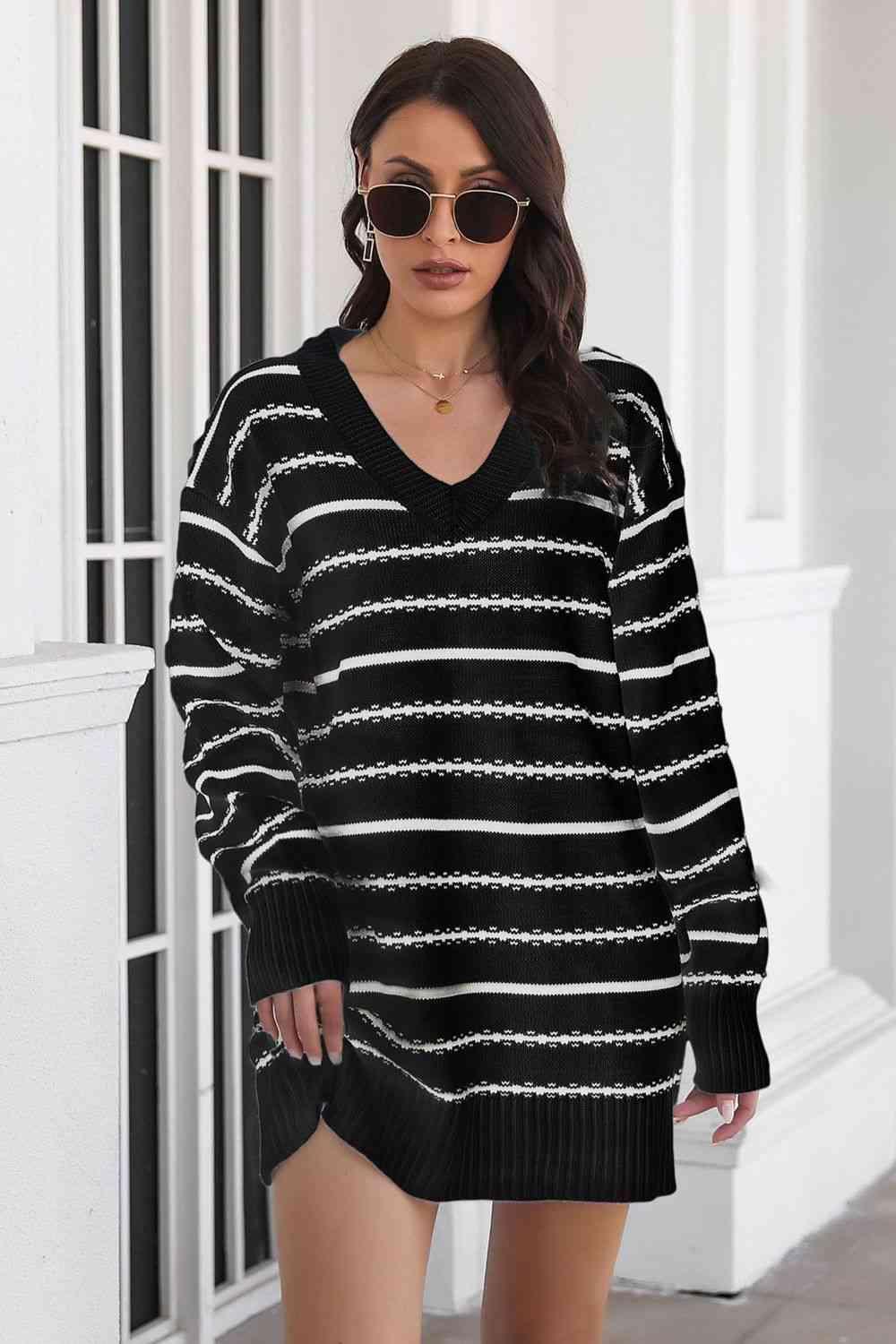 Warm Leisure V-Neck Striped Sweater Dress - MXSTUDIO.COM