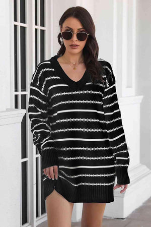 Warm Leisure V-Neck Striped Sweater Dress - MXSTUDIO.COM