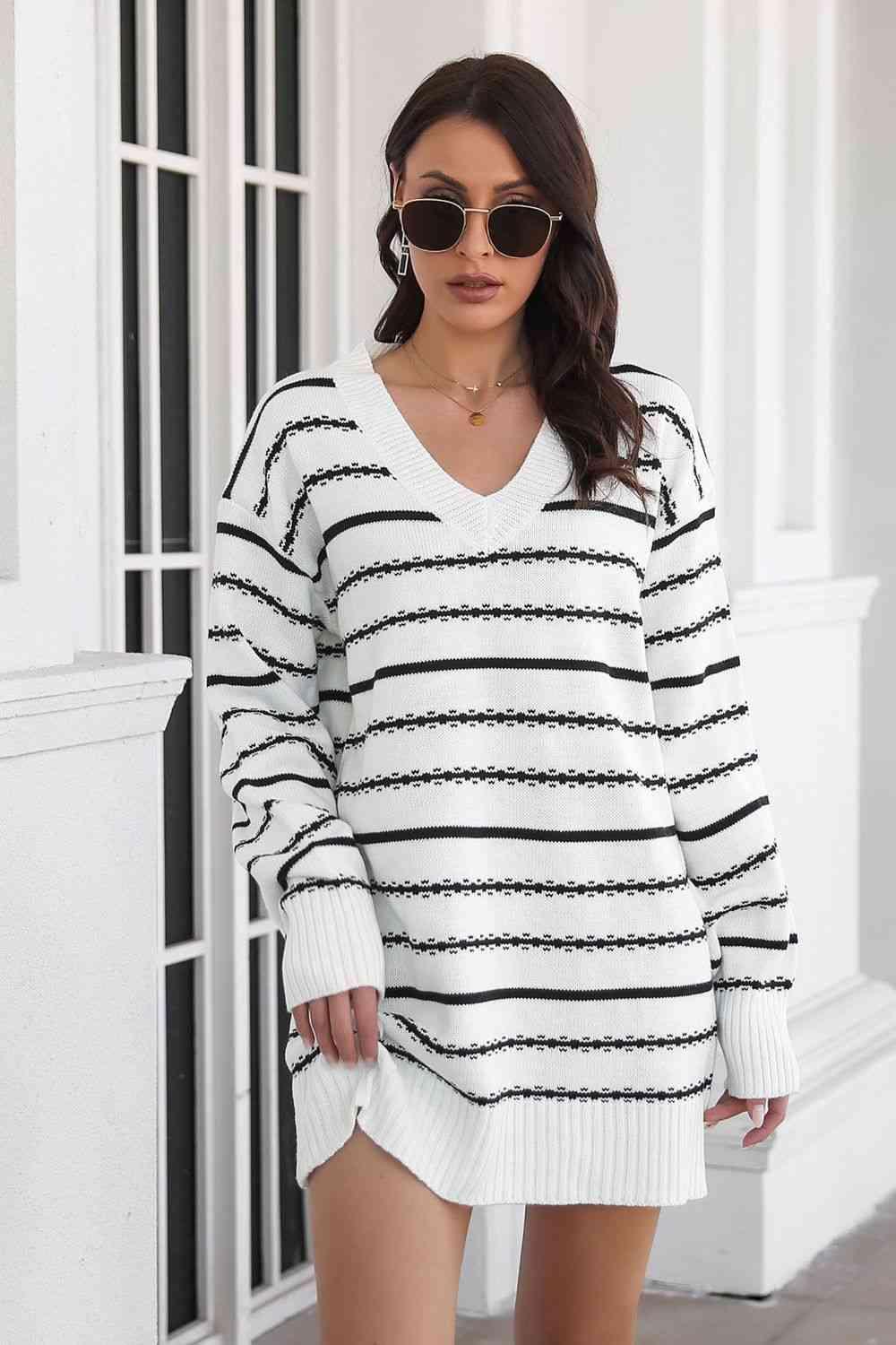 Warm Leisure V-Neck Striped Sweater Dress - MXSTUDIO.COM
