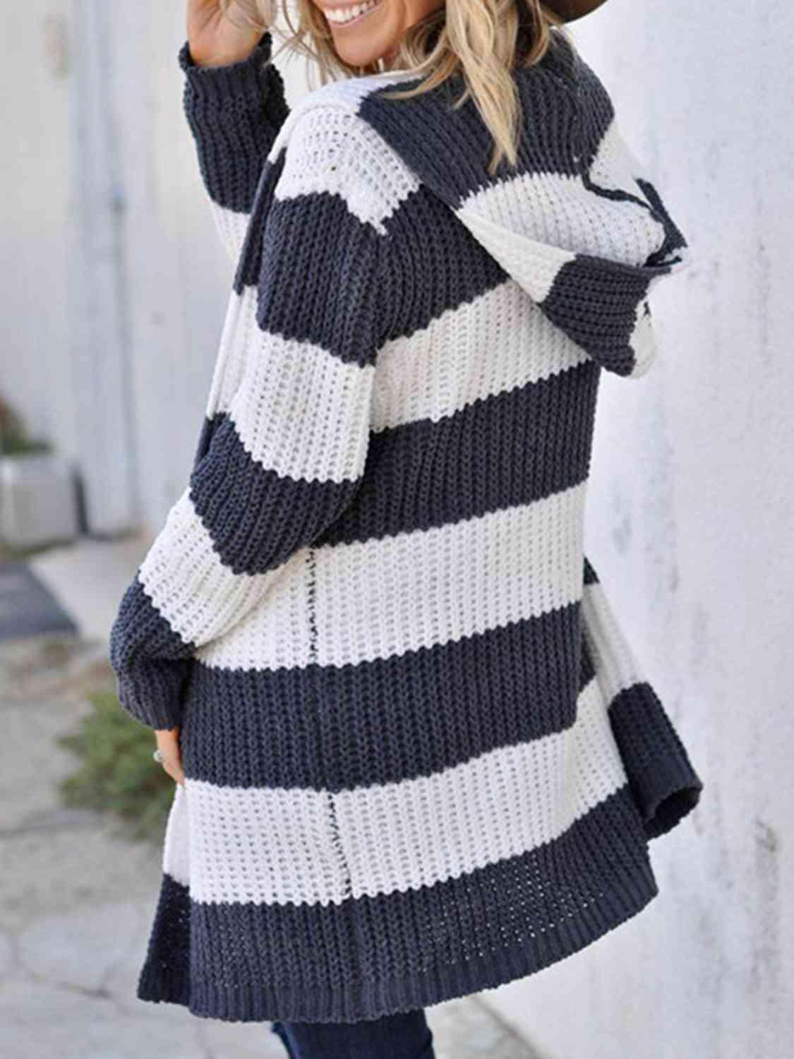 Warm Protection Striped Hooded Long Cardigan-MXSTUDIO.COM
