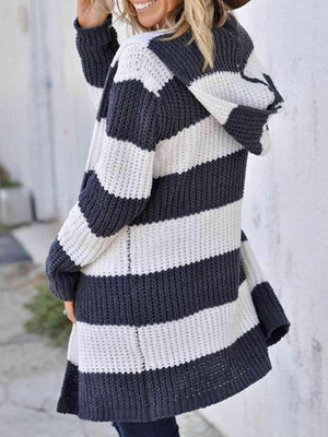 Warm Protection Striped Hooded Long Cardigan-MXSTUDIO.COM