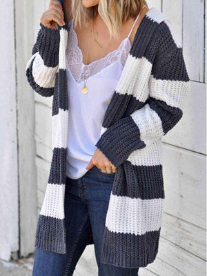 Warm Protection Striped Hooded Long Cardigan-MXSTUDIO.COM