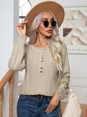 Warm Satisfaction Buttoned Cable-Knit Sweater - MXSTUDIO.COM