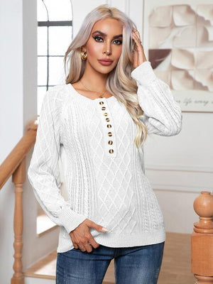 Warm Satisfaction Buttoned Cable-Knit Sweater - MXSTUDIO.COM