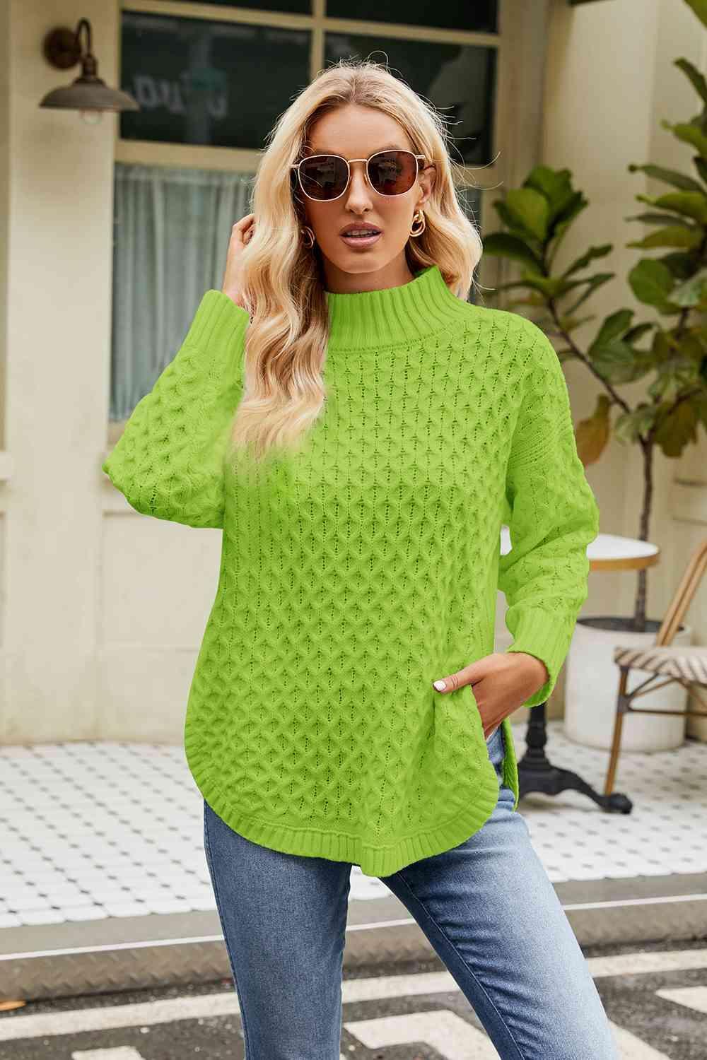 Warm Satisfaction Curve Hem Mock Neck Sweater - MXSTUDIO.COM