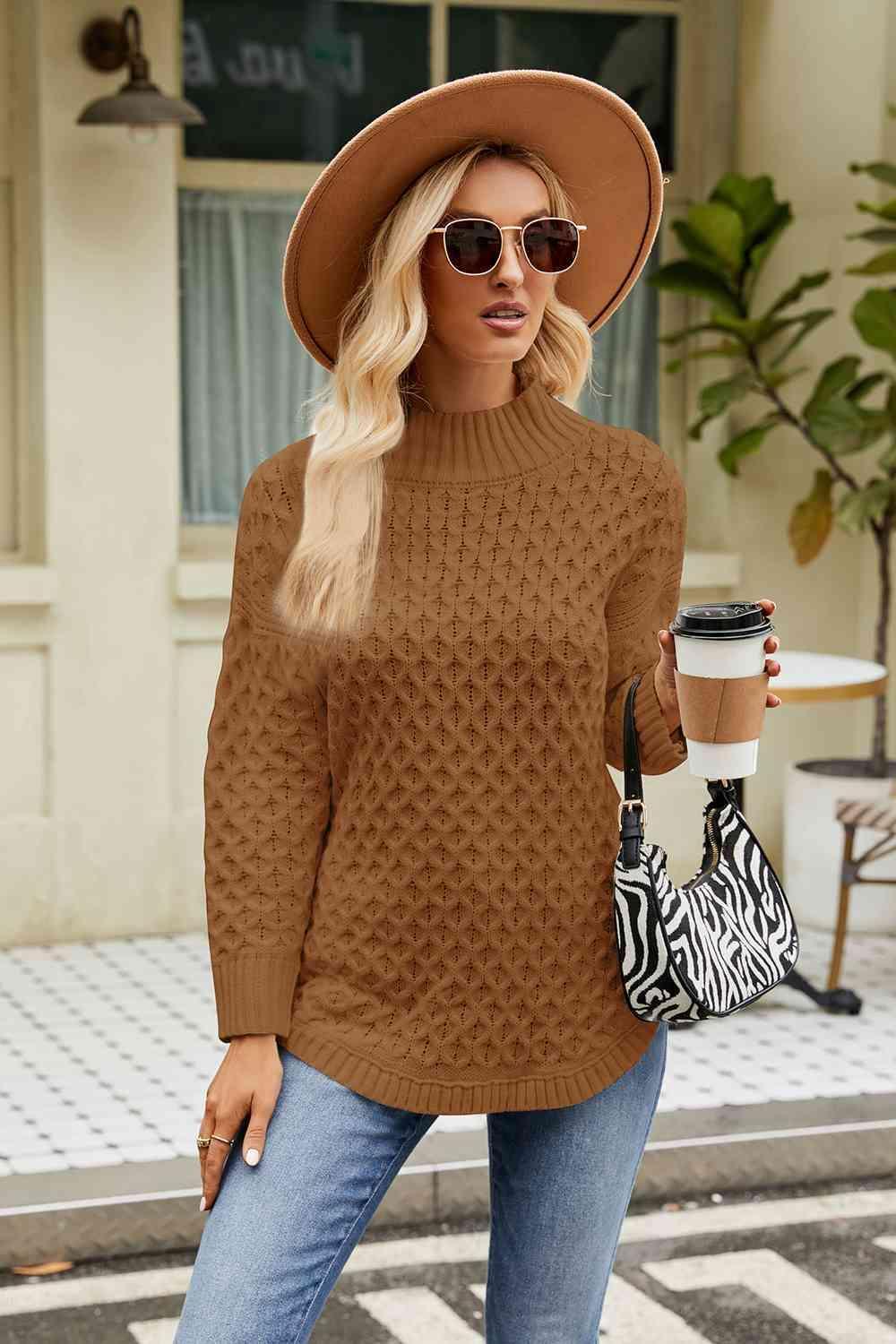 Warm Satisfaction Curve Hem Mock Neck Sweater - MXSTUDIO.COM