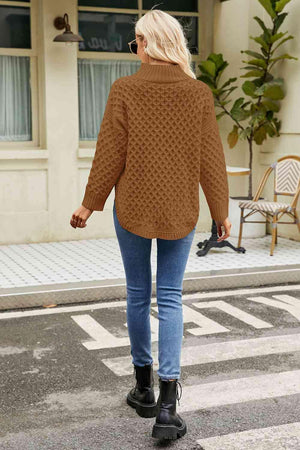 Warm Satisfaction Curve Hem Mock Neck Sweater - MXSTUDIO.COM